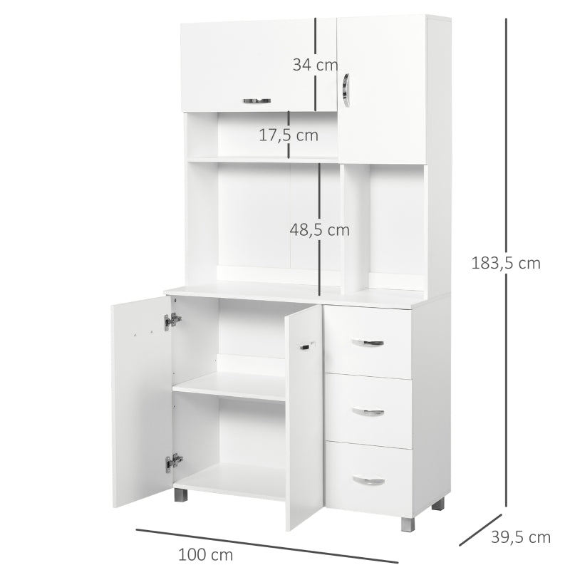 HOMCOM Armário de Cozinha Armário Alto com 3 Gavetas 4 Portas Prateleiras Interiores Ajustáveis e Pés Elevados Móvel Auxiliar para Sala de Jantar Sala de Estar 100x39,x183,5cm Branco