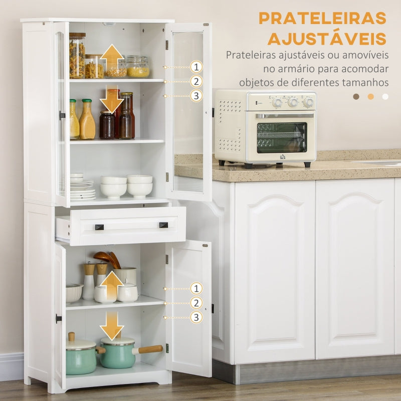 HOMCOM Armário de Cozinha com 4 Portas 1 Gaveta e 2 Prateleiras Ajustáveis para Sala de Jantar 60x30x160 cm Branco