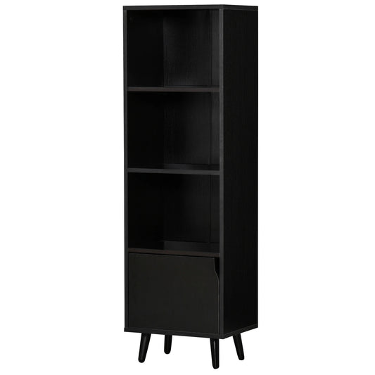 HOMCOM Estante com 3 Prateleiras Abertas e 1 Fechada com Porta Estante de Estilo Moderno para Armazenamento de Livros Brinquedos Plantas 40x30x129,5cm Preto