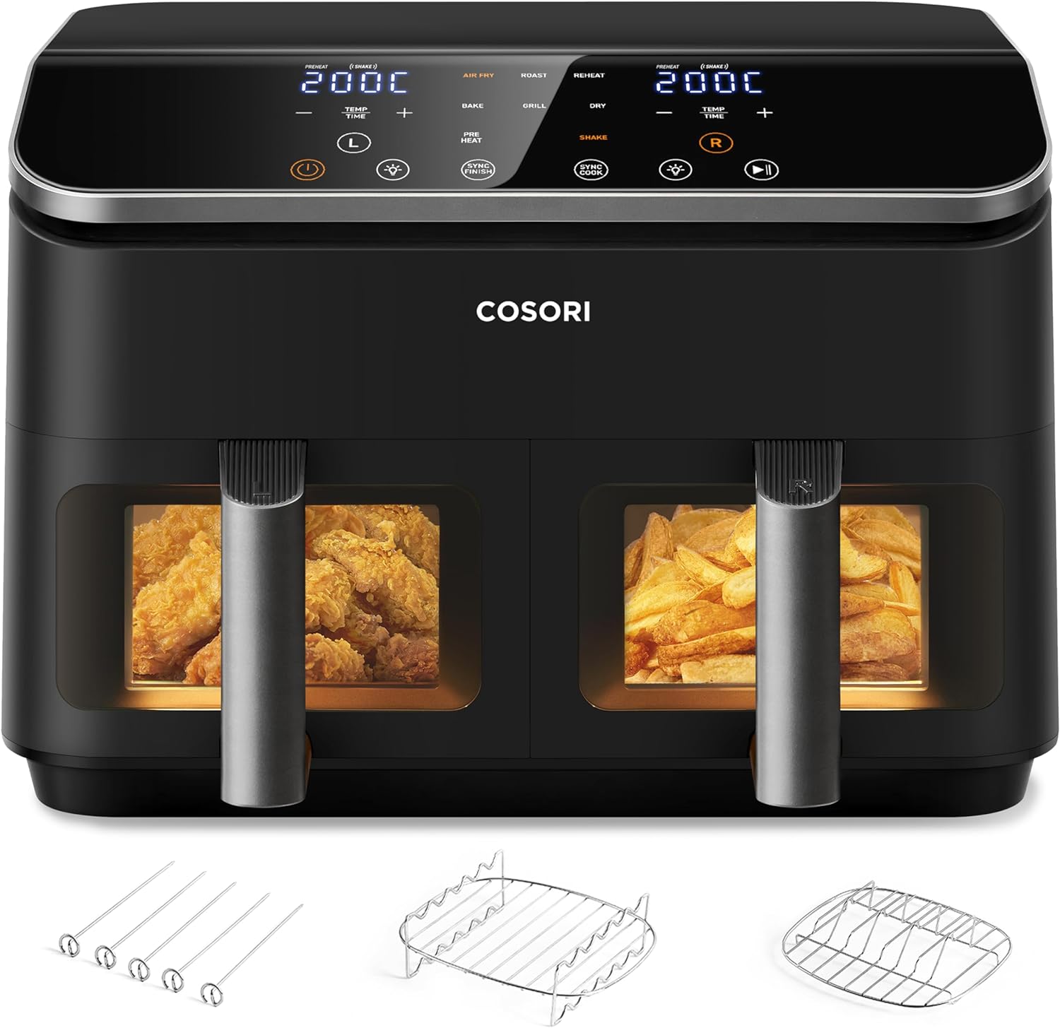 COSORI Frigideira de ar com cesta dupla 8,5 l, Air Fryer com janela e iluminação interior, fritadeira sem óleo com função SYNC, 10 em 1, 35-230 °C, inclui 4 acessórios gratuitos, CAF-R901