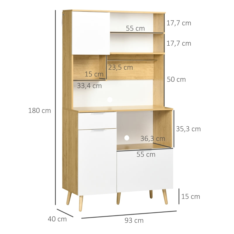 HOMCOM Armário de Cozinha com 3 Portas Gaveta Prateleira Ajustável Bancada para Micro-Ondas e Suporte para Panos 93x40x180 cm Madeira e Branco