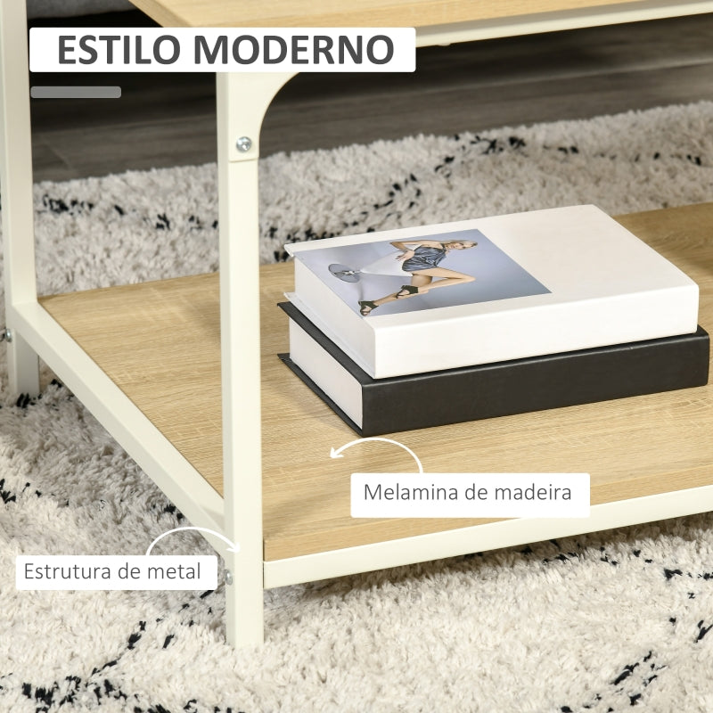 HOMCOM Mesa de Centro para Sala de Estar Moderna Mesa de Centro com Prateleira de Armazenamento Pés Ajustáveis e Estrutura de Aço para Escritório 100x54x45,8cm Natural