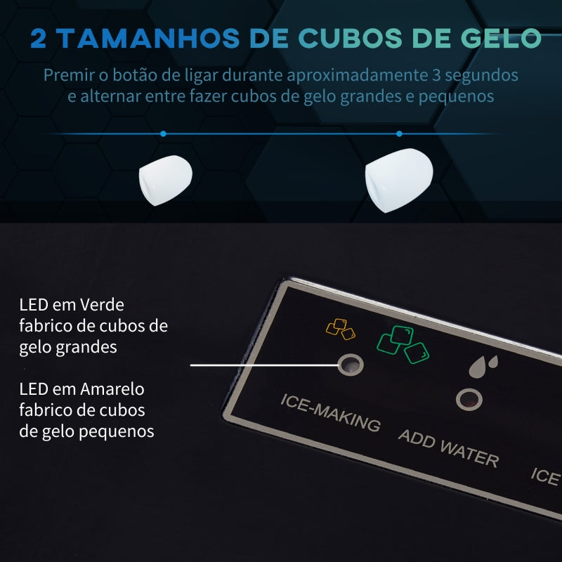 HOMCOM Máquina de Fazer Gelo 9 Cubos em 6-12 Minutos Capacidade 15 kg em 24h Depósito de Água 2,1L 25,2x37,5x31,2 cm Preto