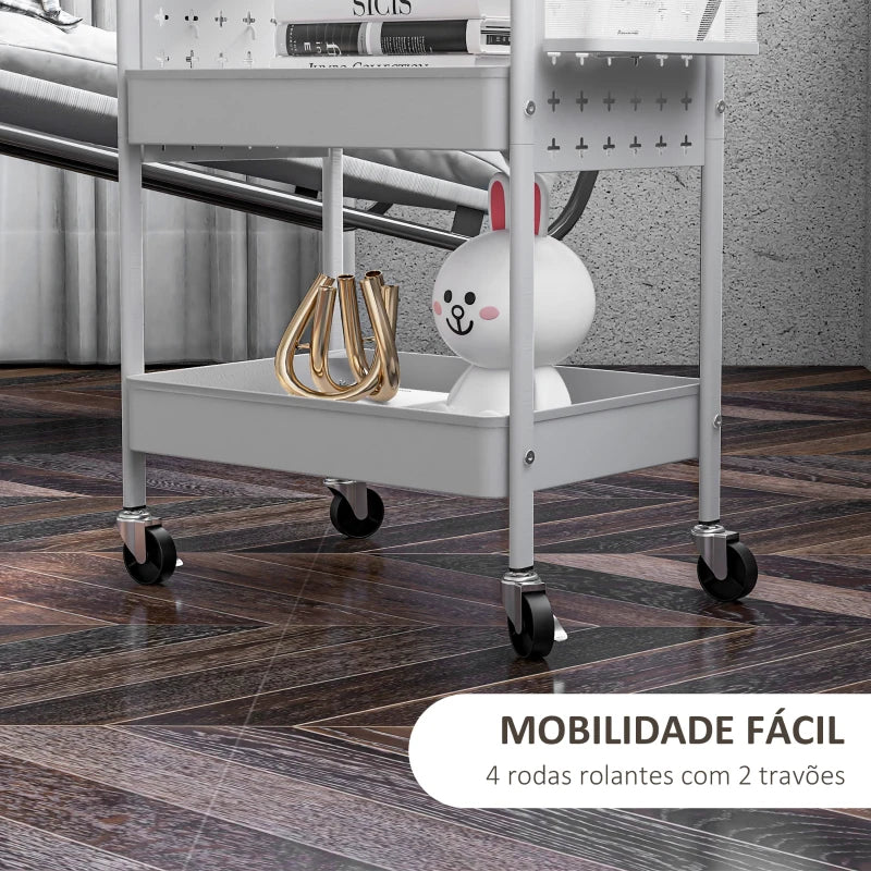 HOMCOM Carrinho Auxiliar com Rodas de Aço com 3 Bandejas 2 Cestos e 6 Ganchos para Cozinha Casa de Banho 53,5x30,5x75 cm Branco