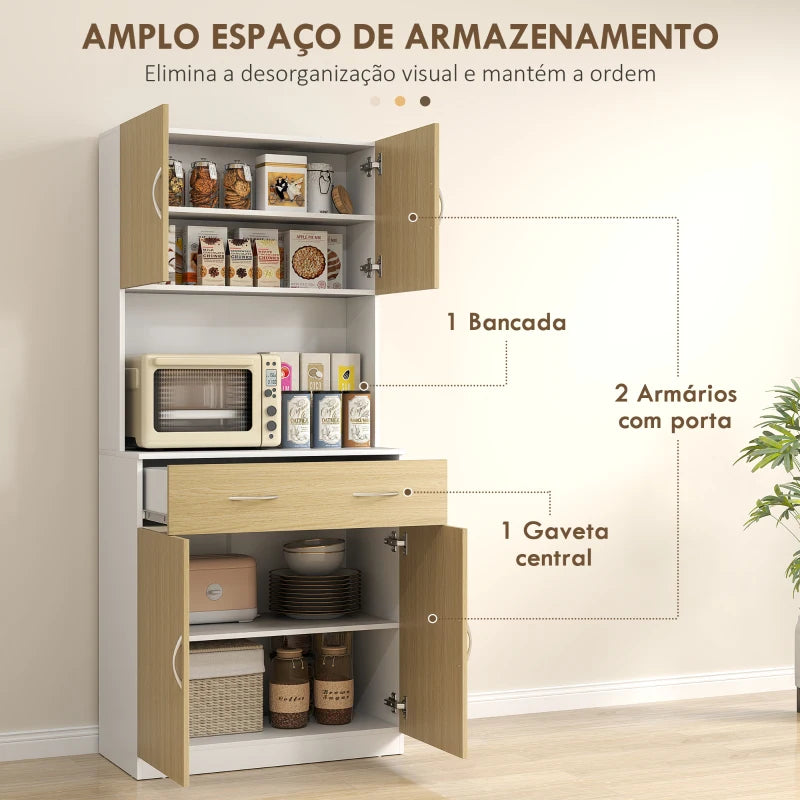 HOMCOM Armário de Cozinha com Gaveta 4 Portas e Prateleiras Interiores Ajustável em Altura Móvel 80x40x180 cm Madeira e Branco