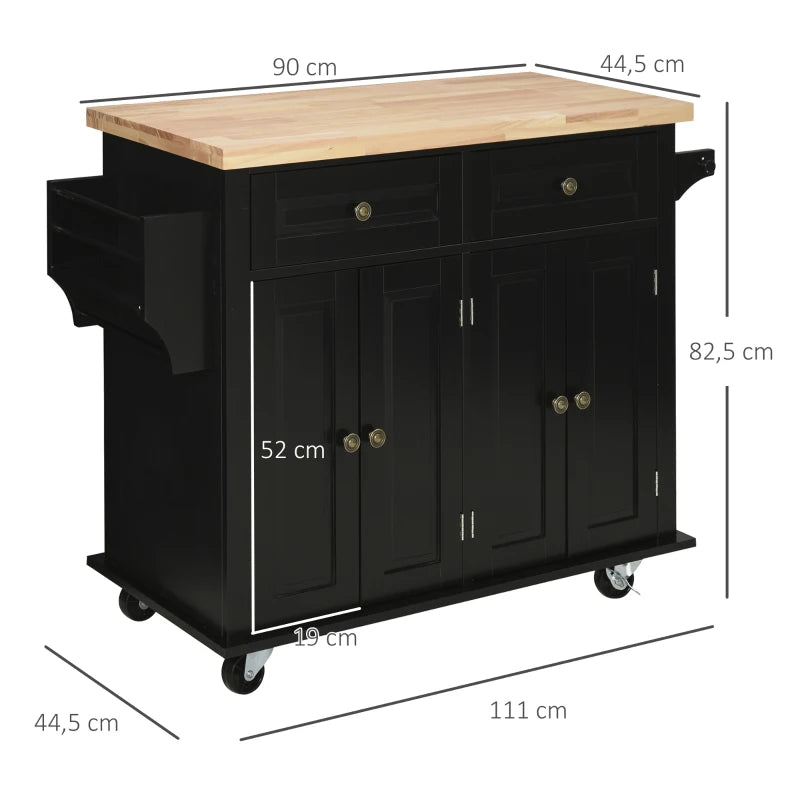 HOMCOM Ilha de Cozinha com Rodas 2 Gavetas 4 Portas Suporte para Temperos e Barra Lateral 111x44,5x82,5 cm Preto e Madeira