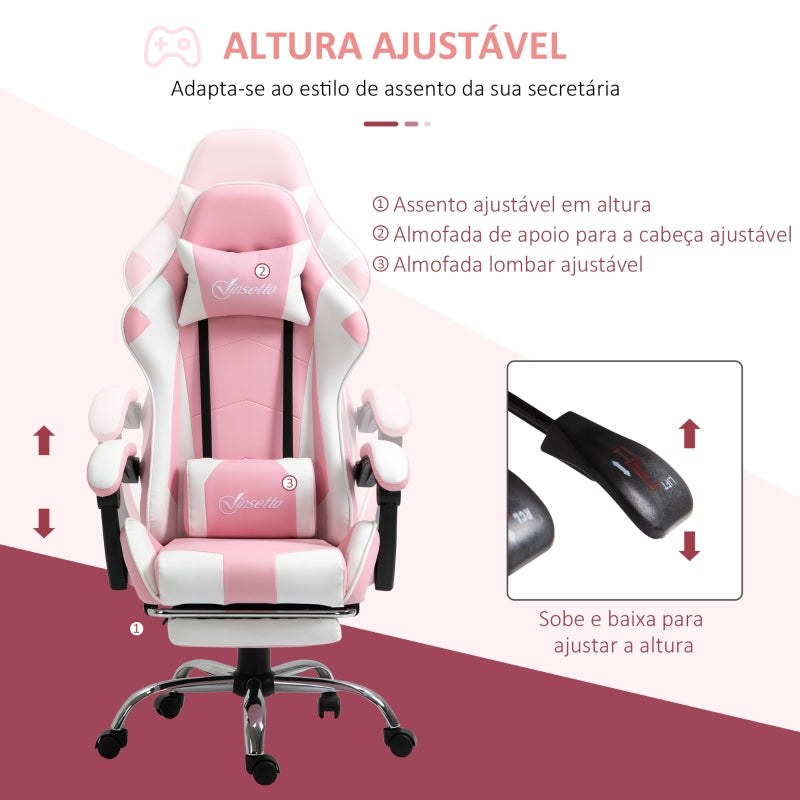 Vinsetto Cadeira de Gaming Reclinável Giratória com Apoio para a Cabeça Apoio para os Pés e Almofada Lombar 64x67x119-127 cm Rosa