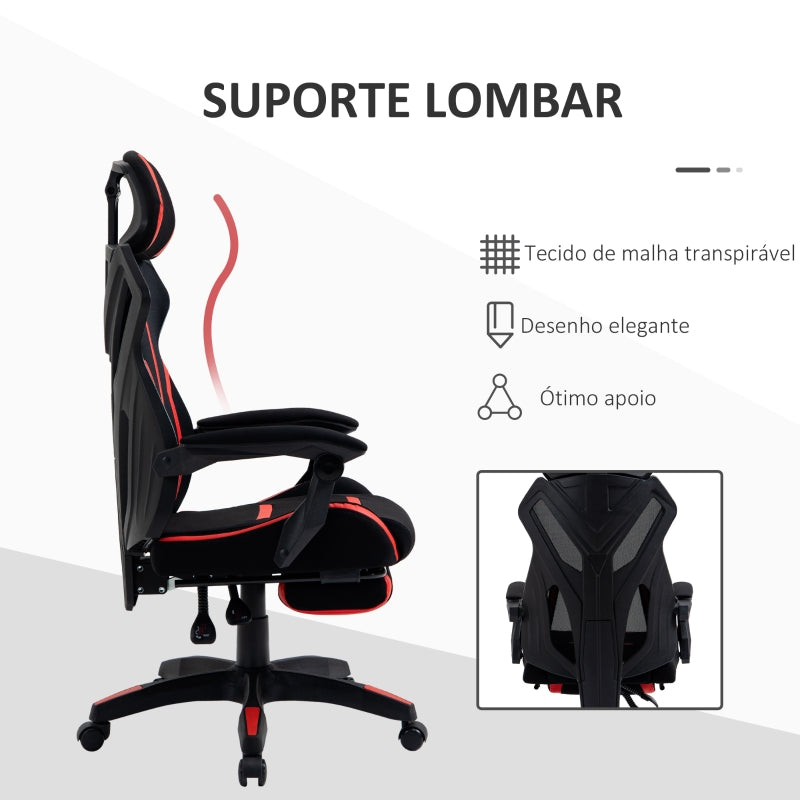 Vinsetto Cadeira de Gaming com Apoio para os Pés Retrátil Cadeira de Escritório Reclinável com Apoio para a Cabeça e Altura Ajustável 65x65x119-129cm Preto e Vermelho