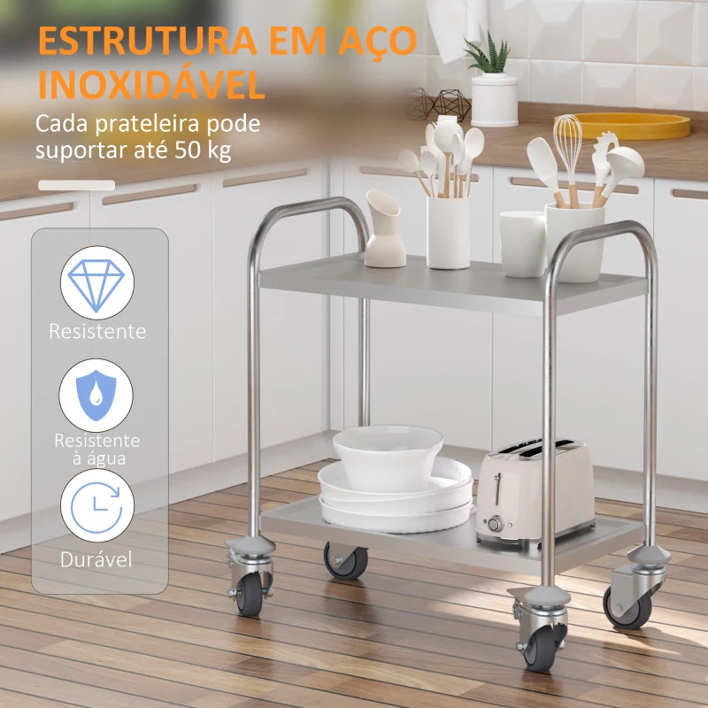 HOMCOM Carrinho Auxiliar com Rodas de Aço Inoxidável Carrinho de Cozinha com 2 Prateleiras e 2 Pegas 70,5x40,5x81 cm Prata