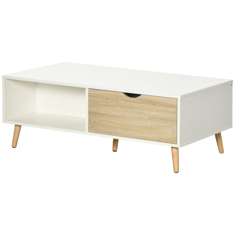 HOMCOM Mesa de Centro Retangular com 2 Gavetas e Compartimentos Abertos Estilo Nórdico 106x58x39,5cm Branco e Madeira