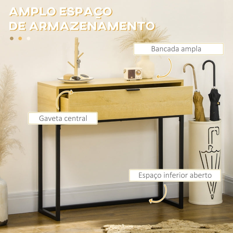 HOMCOM Mesa Consola com Gaveta Consola Moderna Mesa de Entrada com Pés de Aço 80x30x76 cm Madeira e Preto