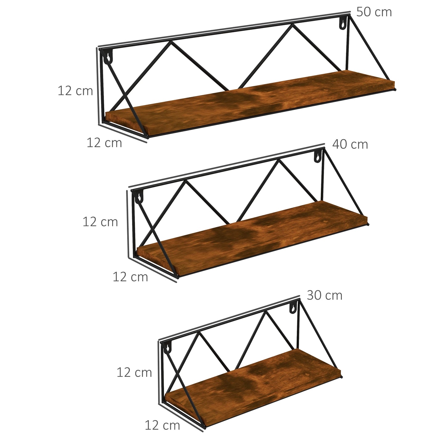 HOMCOM Conjunto de 3 Prateleiras de Parede Industrial Prateleiras Suspensas 30x12x12 cm 40x12x12 e cm 50x12x12 cm Madeira e Preto