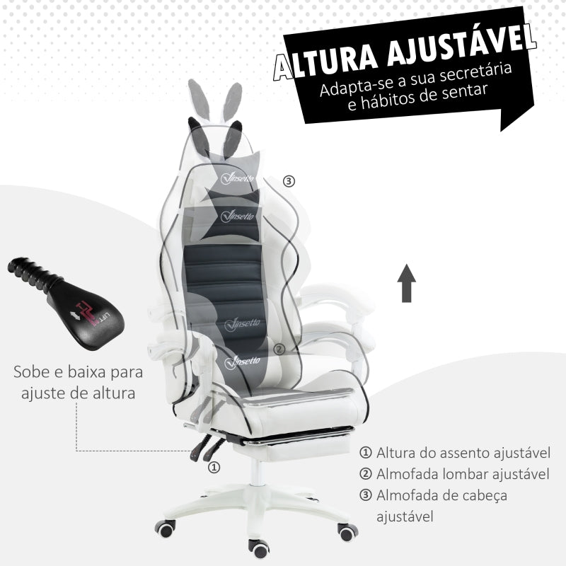 Vinsetto Cadeira Gaming Giratória de Couro PU com Altura Ajustável Inclinável 135° Apoio para a Cabeça 65x63x136-142 cm Branco e Preto