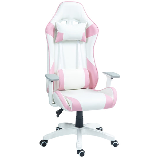 HOMCOM Cadeira Gaming Reclinável com Almofada Lombar Apoio de Cabeça Basculante e Altura Ajustável 67x60x120-128 cm Branco e Rosa