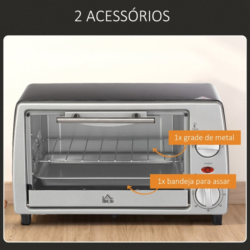 HOMCOM Mini Forno Elétrico de 10 Litros 750W com Temperatura até 230 °C Temporizador 60 Minutos Bandeja e Grade 36,5x26x22cm Preto e Prata