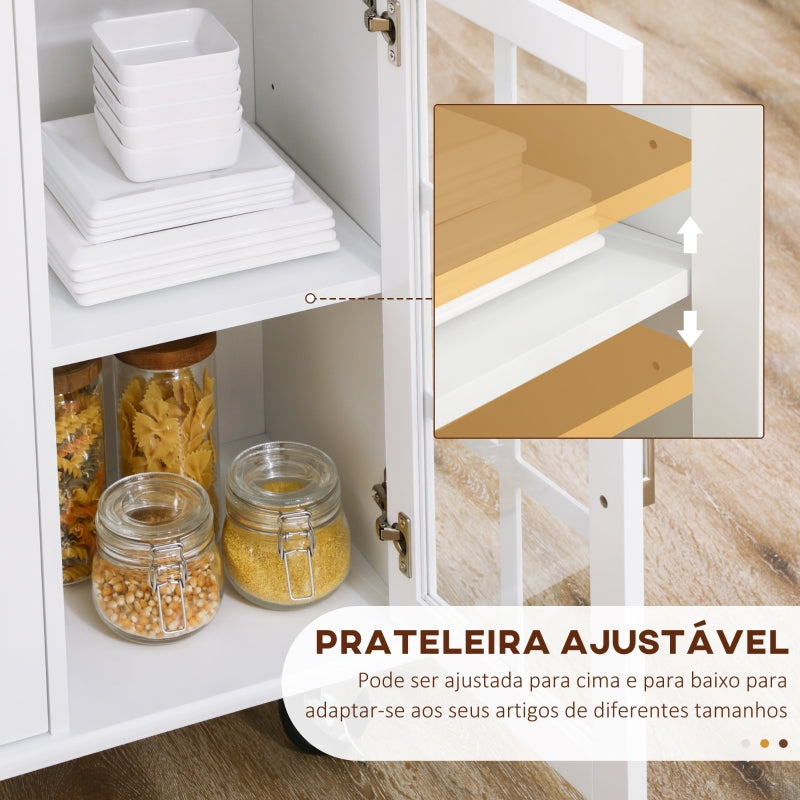 HOMCOM Ilha de Cozinha com Rodas 2 Gavetas 3 Portas de Vidro Suporte para Panos e Temperos 124,5x39,5x90 cm Branco e Madeira