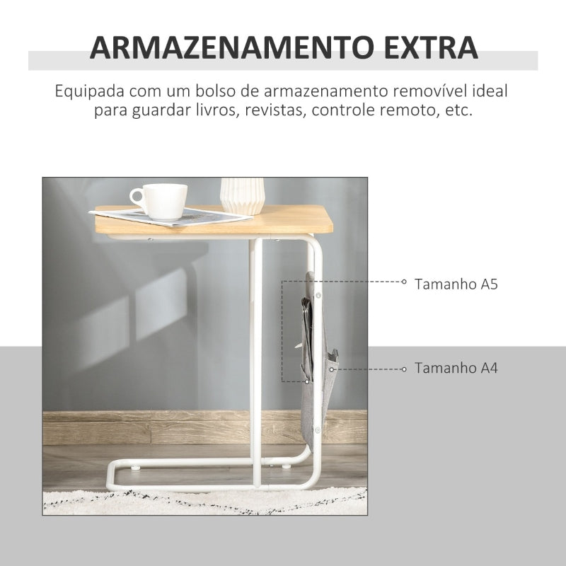 HOMCOM Mesa Auxiliar de Sofá em Forma de C com Bolsa de Armazenamento Removível Mesa Lateral para Sala de Estar Dormitório Escritório 37x48x55,8cm Carvalho e Branco