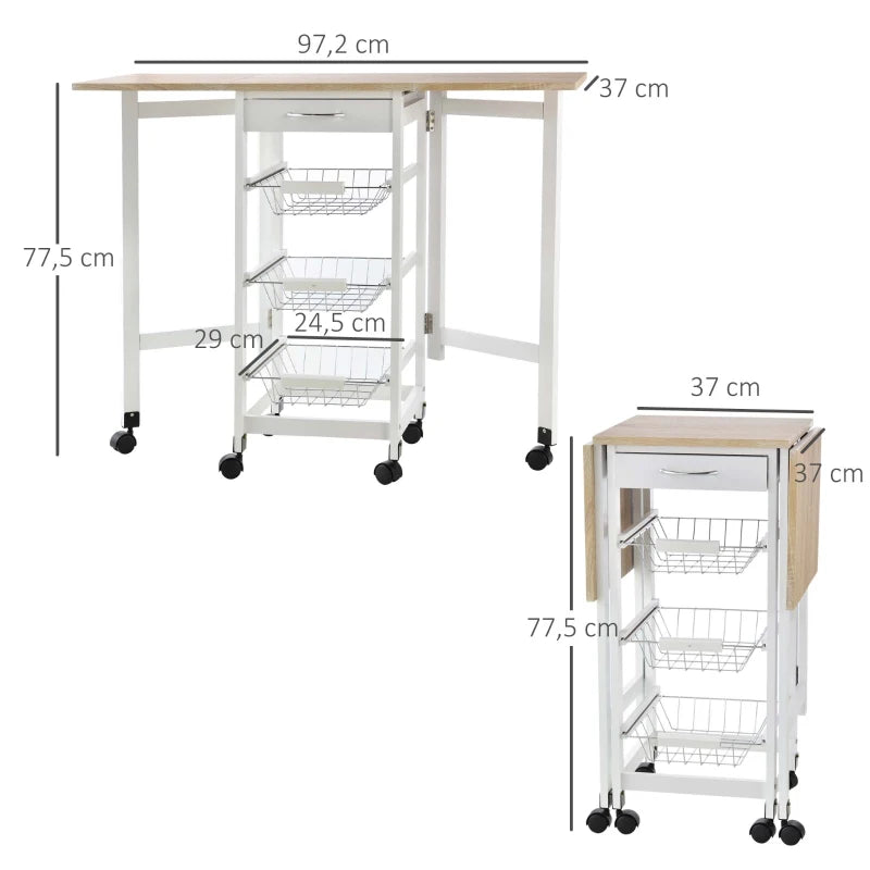 HOMCOM Carrinho de Cozinha Dobrável Carrinho Auxiliar com Rodas 1 Gaveta e 3 Cestos de Metal 97,2x37x77,5 cm Branco e Madeira