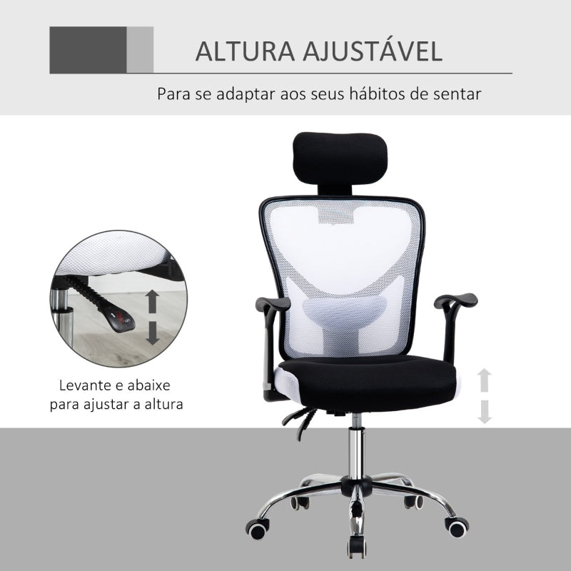 Vinsetto Cadeira de Escritório Ergonômica Cadeira de Escritório Giratória com Altura Ajustável Função Reclinável Apoio para a Cabeça e Suporte Lombar 65x67x108-118cm Branco