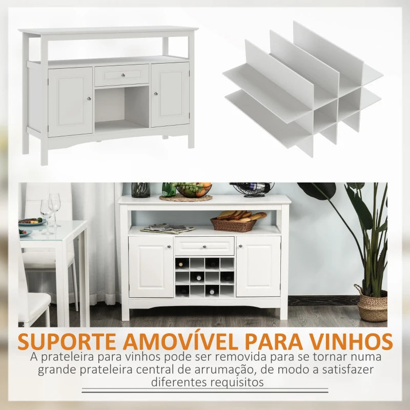 HOMCOM Aparador de Cozinha com 1 Gaveta 1 Prateleira Aberta 2 Portas e Suporte para 12 Garrafas 116,5x40x82,5 cm Branco