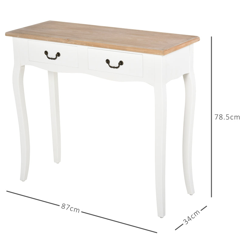 HOMCOM Mesa Consola Mesa Auxiliar com 2 Gavetas para Entrada Corredor Sala de Estar 87x34x78,5cm Branco e Madeira