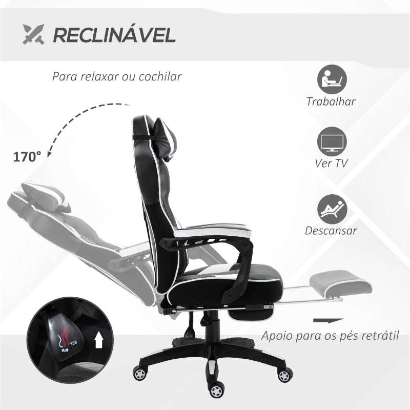 Vinsetto Cadeira de escritorio gaming ergonômica Altura ajustável Reclinável Encosto com apoio para pés 65x70x118,5-128,5 cm Branco e Preto