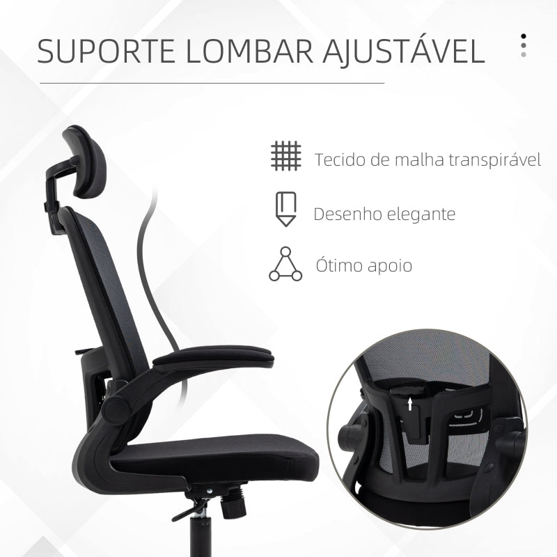 Vinsetto Cadeira de Escritório de Malha Ergonómica Cadeira de Escritório com Altura Ajustável Apoio para os Braços Dobrável Apoio para a Cabeça e Suporte Lombar Ajustáveis 65x64x114-122cm Preto