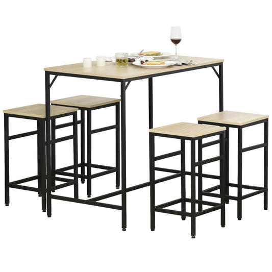 HOMCOM Conjunto de Mesa de Bar com 4 Bancos com Apoio para os Pés Conjunto de Móveis de 5 Peças Mesa de 100x60x88cm e Bancos de 32x32x57cm para Sala de Jantar Cozinha Preto e Carvalho