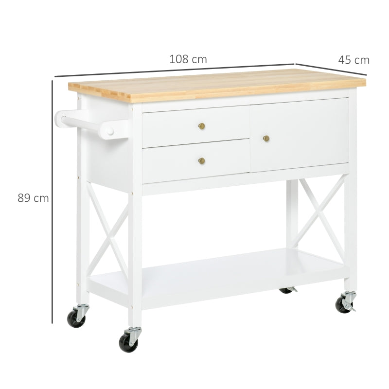 HOMCOM Carrinho de Cozinha com Rodas Aparador Multifuncional com Armário 2 Gavetas Prateleira e Barra para Panos 108x45x89cm Branco