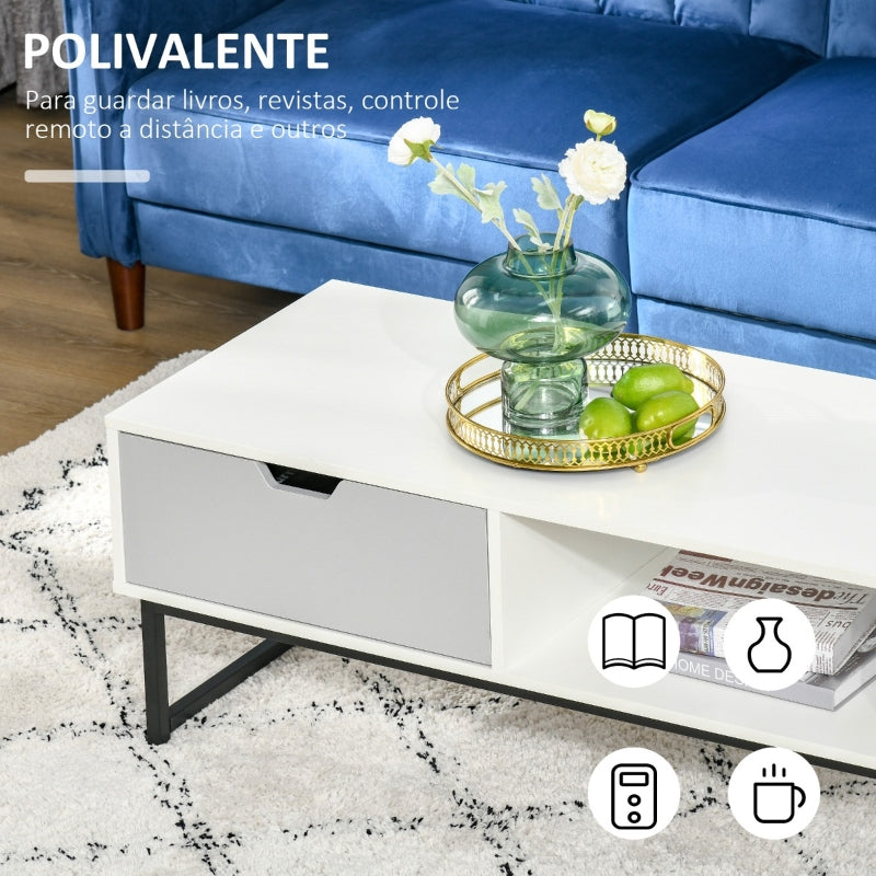 HOMCOM Mesa de Centro para Sala de Estar Mesa de Centro Moderna com Prateleira Aberta Gaveta e Pés Elevados Mesa Auxiliar para Sala de Estar Escritório 106x48x43cm Branco