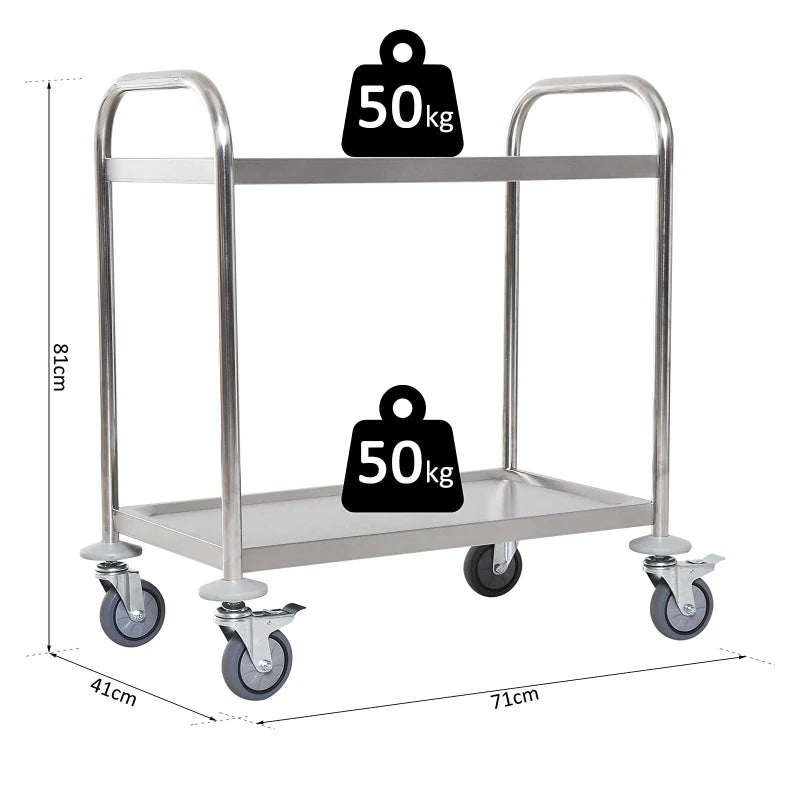 HOMCOM Carrinho Auxiliar com Rodas de Aço Inoxidável Carrinho de Cozinha com 2 Prateleiras e 2 Pegas 70,5x40,5x81 cm Prata