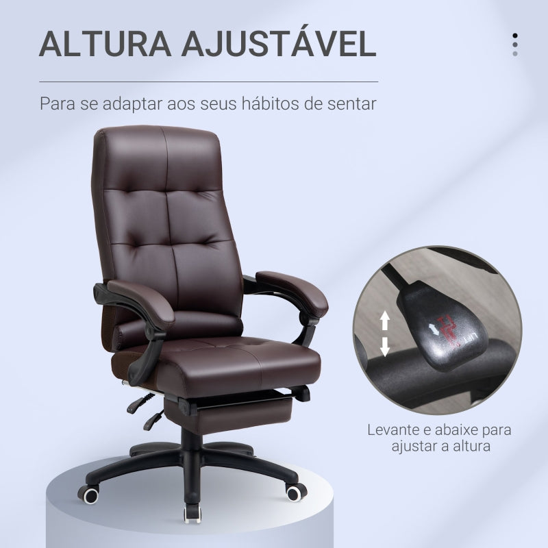 Vinsetto Cadeira de escritório ergonômica giratória com função de inclinação altura ajustável Apoio de braço e apoio para os pés em couro sintético 65x65x118-125cm marrom