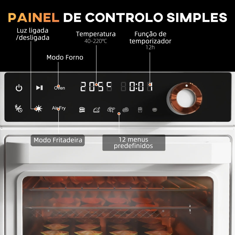 HOMCOM Mini Forno Elétrico Multifuncional de 13L 1200W com 12 Modos Temporizador e Temperatura Ajustável 33,5x32x32,5 cm Branco