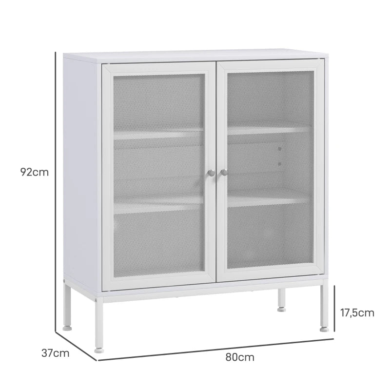 HOMCOM Aparador de 3 Níveis com Portas de Malha e Prateleira Ajustável Aparador de Cozinha Moderno para Sala 80x37x92 cm Branco