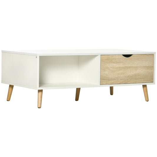 HOMCOM Mesa de Centro Retangular com 2 Gavetas e Compartimentos Abertos Estilo Nórdico 106x58x39,5cm Branco e Madeira