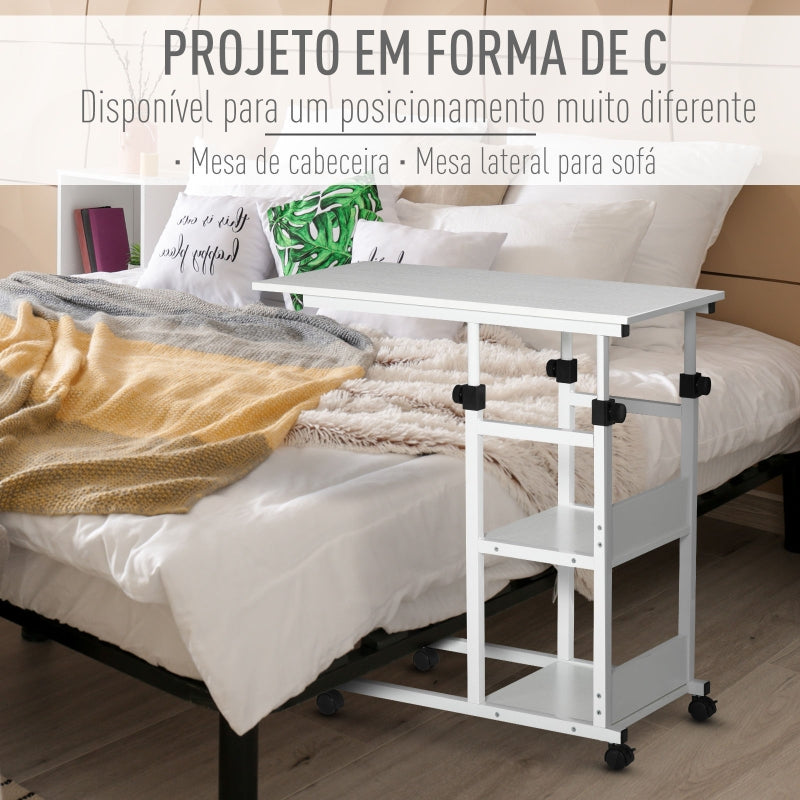 HOMCOM Mesa Lateral para Sofá Mesa lateral em Forma de C com 4 rodas Giratórias Freios Altura Ajustável 3 níveis Estrutura Metálica 80x40x72-82cm Branco