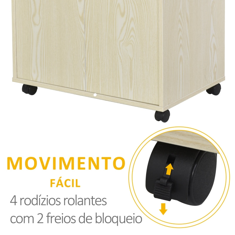 HOMCOM Armário Auxiliar para Microondas Armário de Cozinha Baixo com Armário de 2 Portas e Prateleira Ajustável com Rodas Carga 70 kg 60,4x40,3x97cm Carvalho