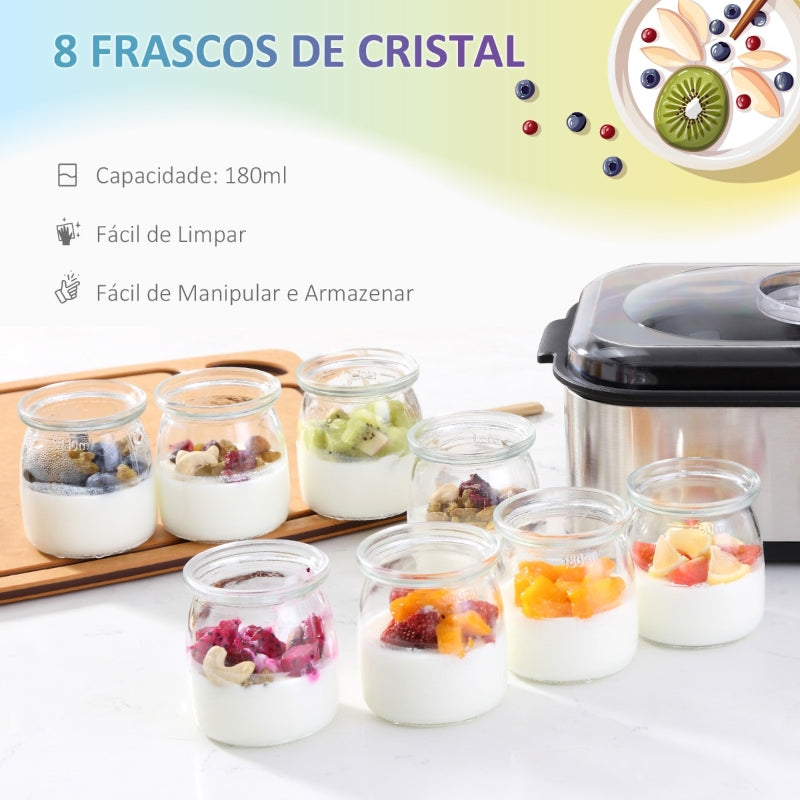 HOMCOM Iogurteira 30W Volume 1,44L com 8 Frascos de Cristal de 180ml Termostato Ajustável Temporizador de 1-48 Horas e Desligado Automático 36x18,8x14cm Prata