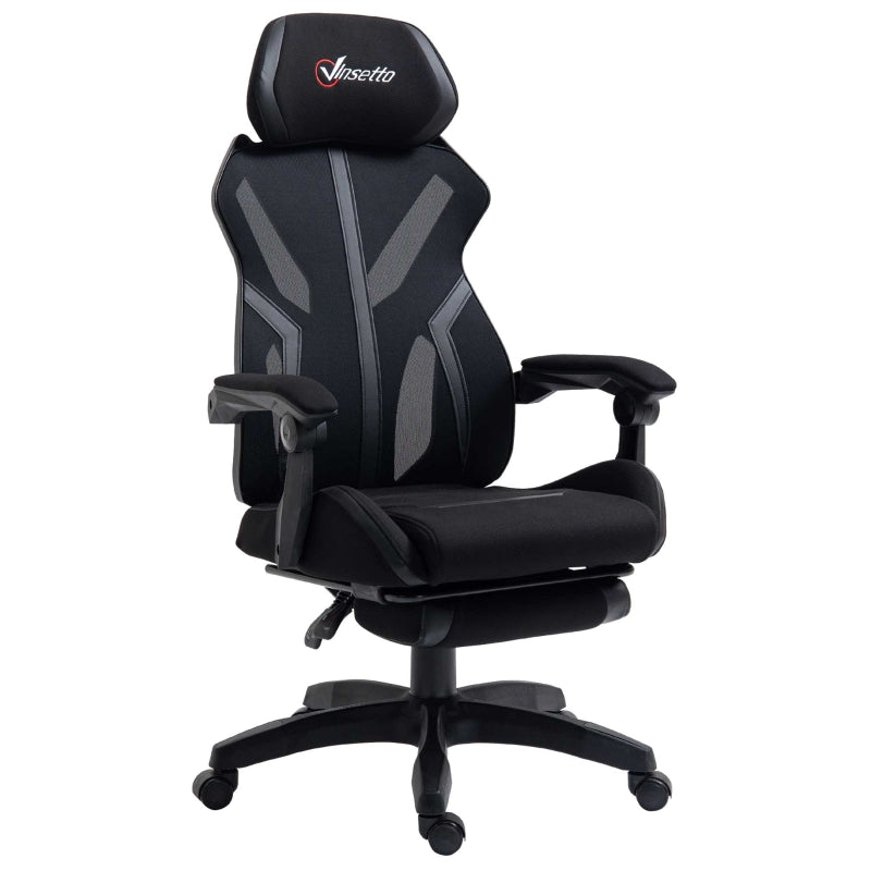 Vinsetto Cadeira de Gaming com Apoio para os Pés Retrátil Cadeira de Escritório Reclinável com Apoio para a Cabeça e Altura Ajustável 65x65x119-129cm Preto