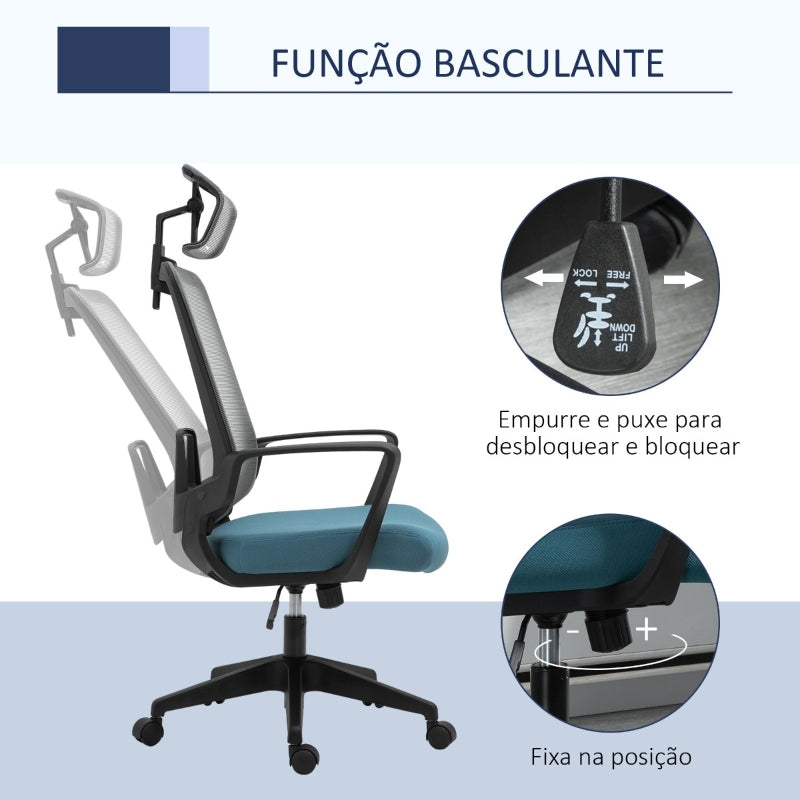 Vinsetto Cadeira de Escritório Ergonômica Giratória com Altura Ajustável Apoio para a Cabeça Apoio para os Braços e Suporte Lombar Reguláveis 63,5x63x116,5-125,5cm Azul e Cinza