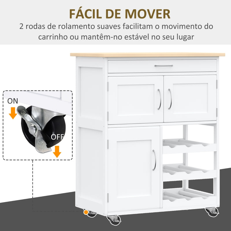 HOMCOM Carrinho de Cozinha com Rodas Carrinho de Cozinha com Gaveta 2 Armários de Armazenamento Sala de Jantar 67x37x87cm Branco