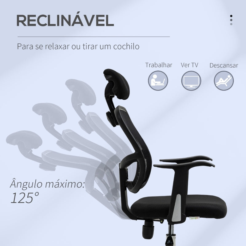 Vinsetto Cadeira de Escritório Giratória Ergonômica com Altura Ajustável Função de Inclinação Apoio para a Cabeça e Suporte Lombar 63x62x109-117cm Preto