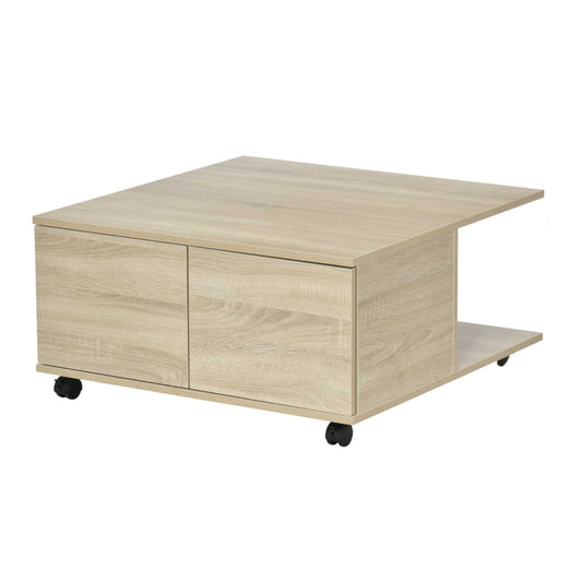 HOMCOM Mesa de Centro para Sala de Estar Mesa de Centro com Rodas 2 Prateleiras Abertas e 2 Gavetas 70x70x35cm Natural