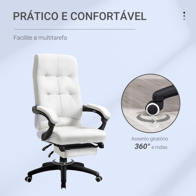 Vinsetto Cadeira de escritório ergonômica giratória com função de inclinação altura ajustável Apoio de braço e apoio para os pés em couro sintético 65x65x118-125 cm Branco