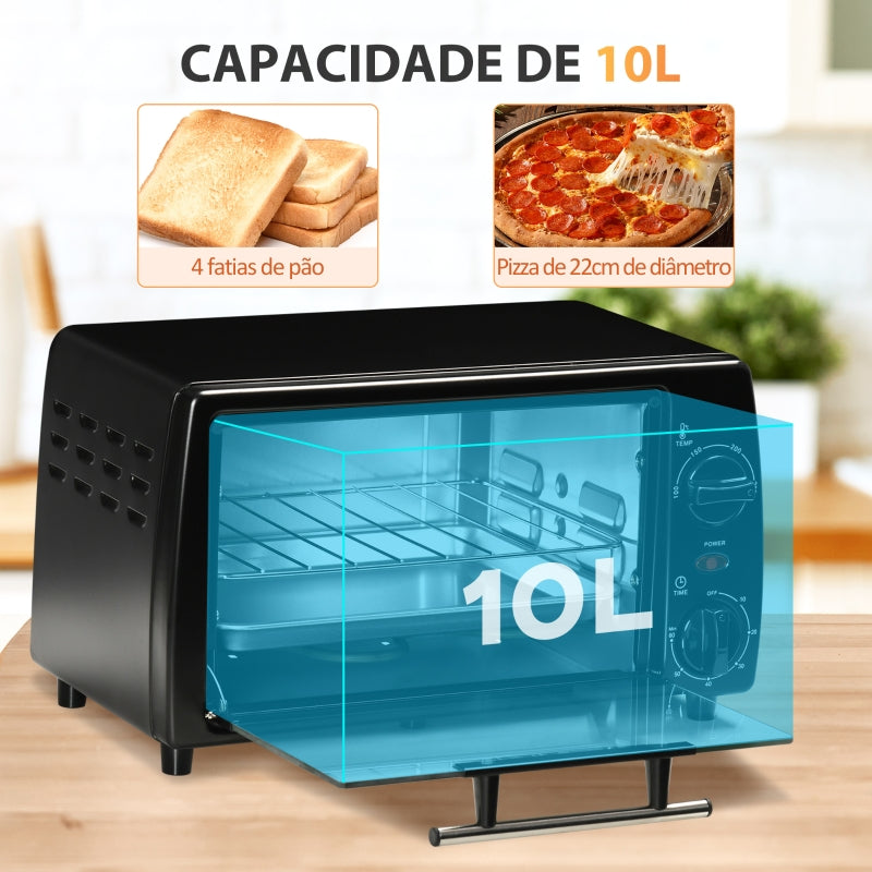 HOMCOM Mini Forno Elétrico 10 Litros 750W com Temperatura até 230°C Temporizador 60 Minutos 36,5x26x22cm Preto