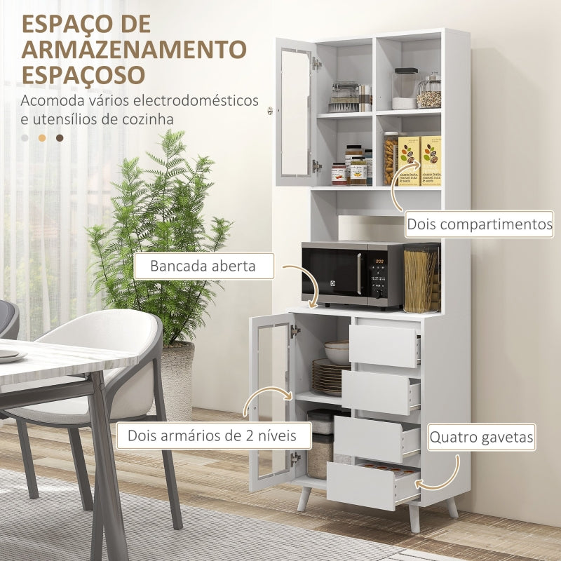 HOMCOM Armário de Cozinha com 2 Armários com Portas de Vidro Temperado 2 Compartimentos Abertos 4 Gavetas e Prateleiras Ajustáveis 60x35x180 cm Branco