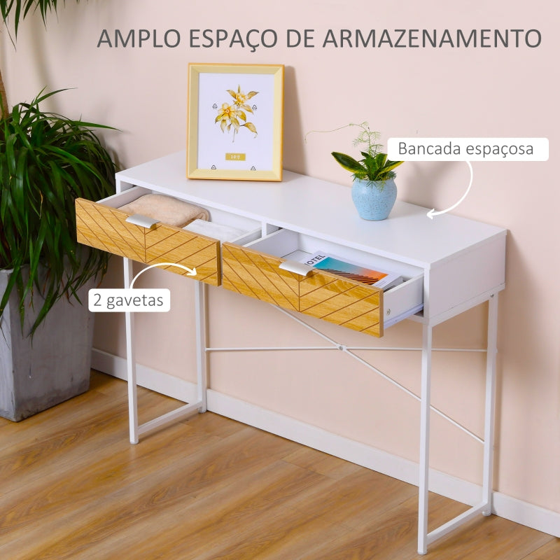 HOMCOM Mesa Consola 100x30x75cm Mesa de Entrada Moderno com 2 Gavetas de Armazenamento e Estrutura de Metal para Corredor Sala de Estar Branco