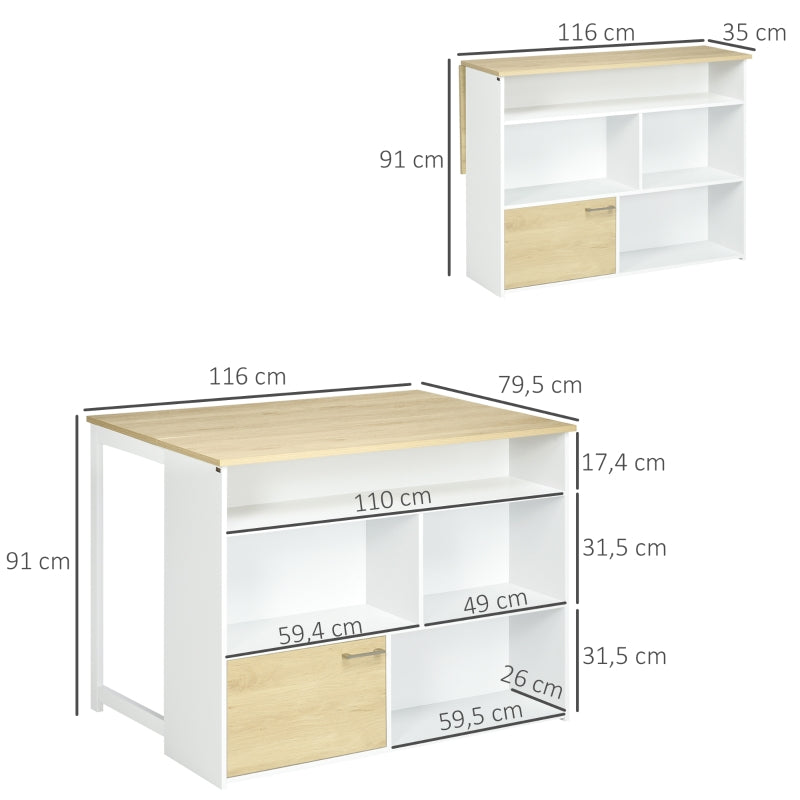 HOMCOM Mesa Alta Extensível com Lateral Dobrável Mesa de Bar com Compartimentos de Armazenamento e 1 Armário 116x79,5x91 cm Branco