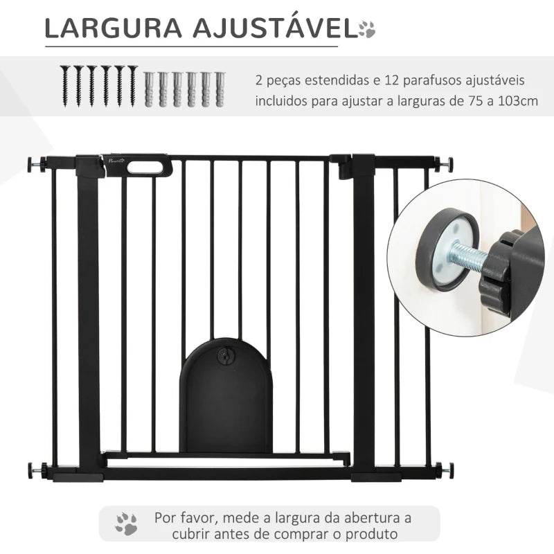 PawHut Barreira de Segurança de Cães Animais de Estimação para Escadas e Portas 75-103cm com 2 Extensões Fechamento Automático e Sistema de Duplo Bloqueio Aço Preto