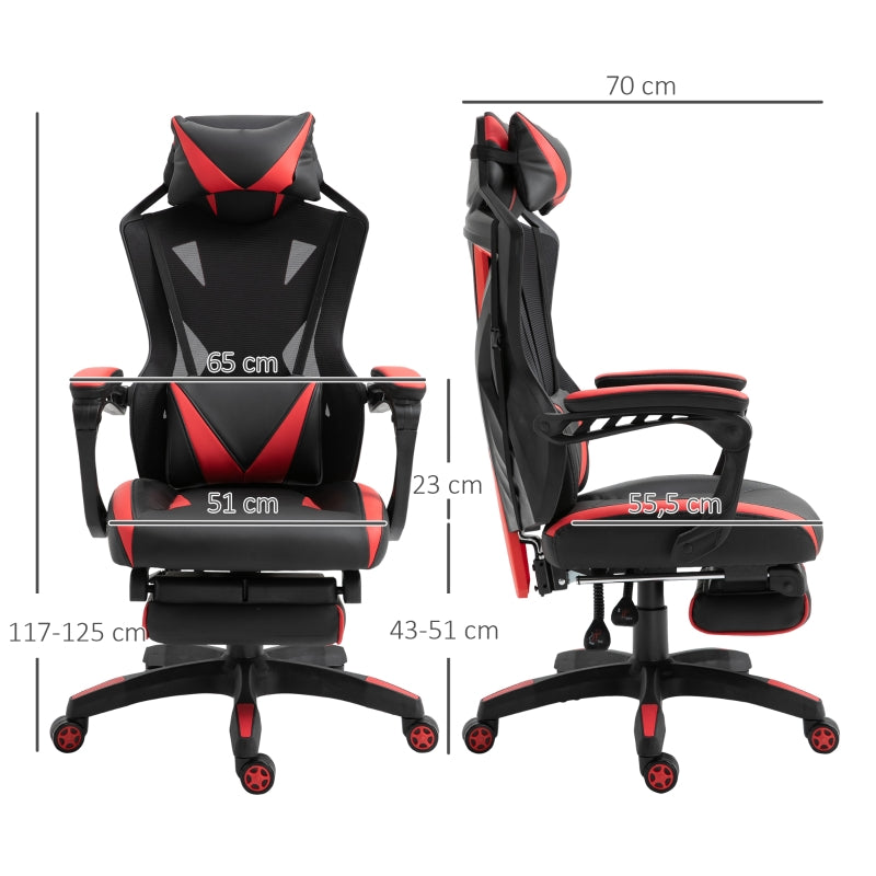 Vinsetto Cadeira Gaming Ergonómica Cadeira Gaming para Escritório com Altura Ajustável Encosto Regulável Almofada Lombar Apoio para os Pés Retráteis 65x70x117-125cm Vermelho